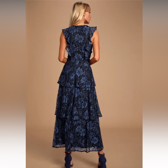 NWT Lulus Molinetto Navy Blue Lace Ruffled Tiered Sleeveless Maxi Dress - Picture 2 of 10